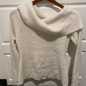White Cowl Neck Sweater with Ribbed Knit Texture